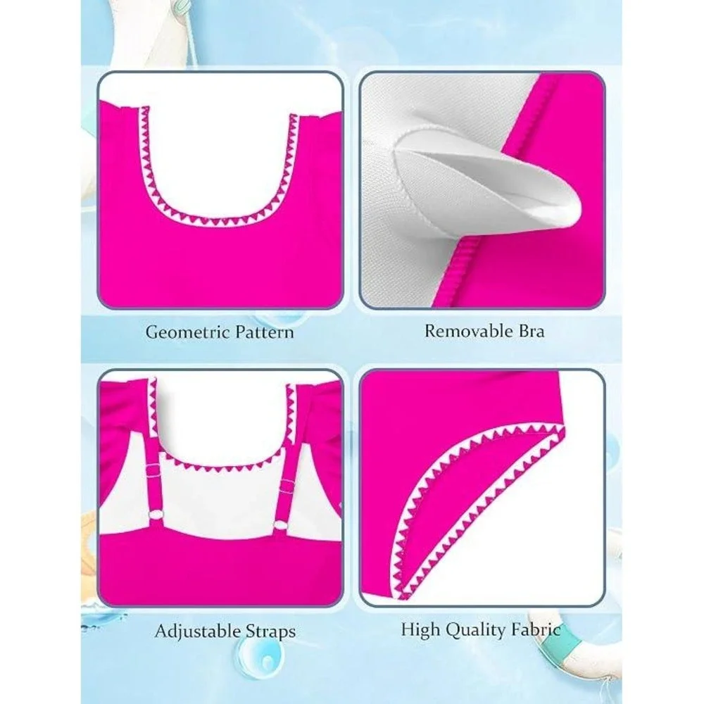 Girls Pink Ruffle One Piece Swimsuit Ric Rac Trim Size 11-12Y